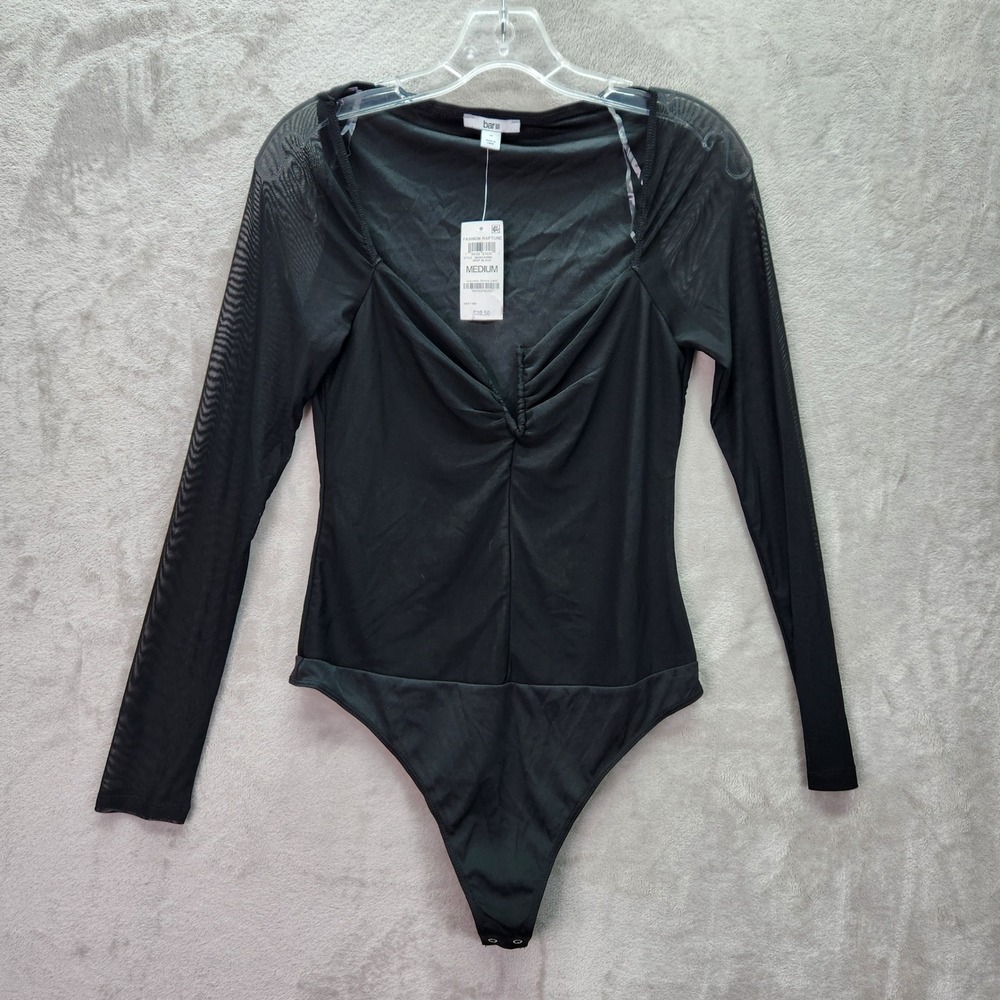 Bar III‎ Womens Medium Deep Black Mesh Long-Sleeve V-Wire Thong Bodysuit New